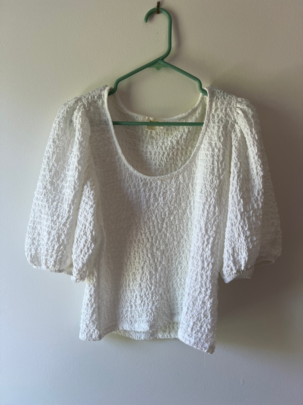 Anthropologie White Textured Puff-Sleeve Blouse